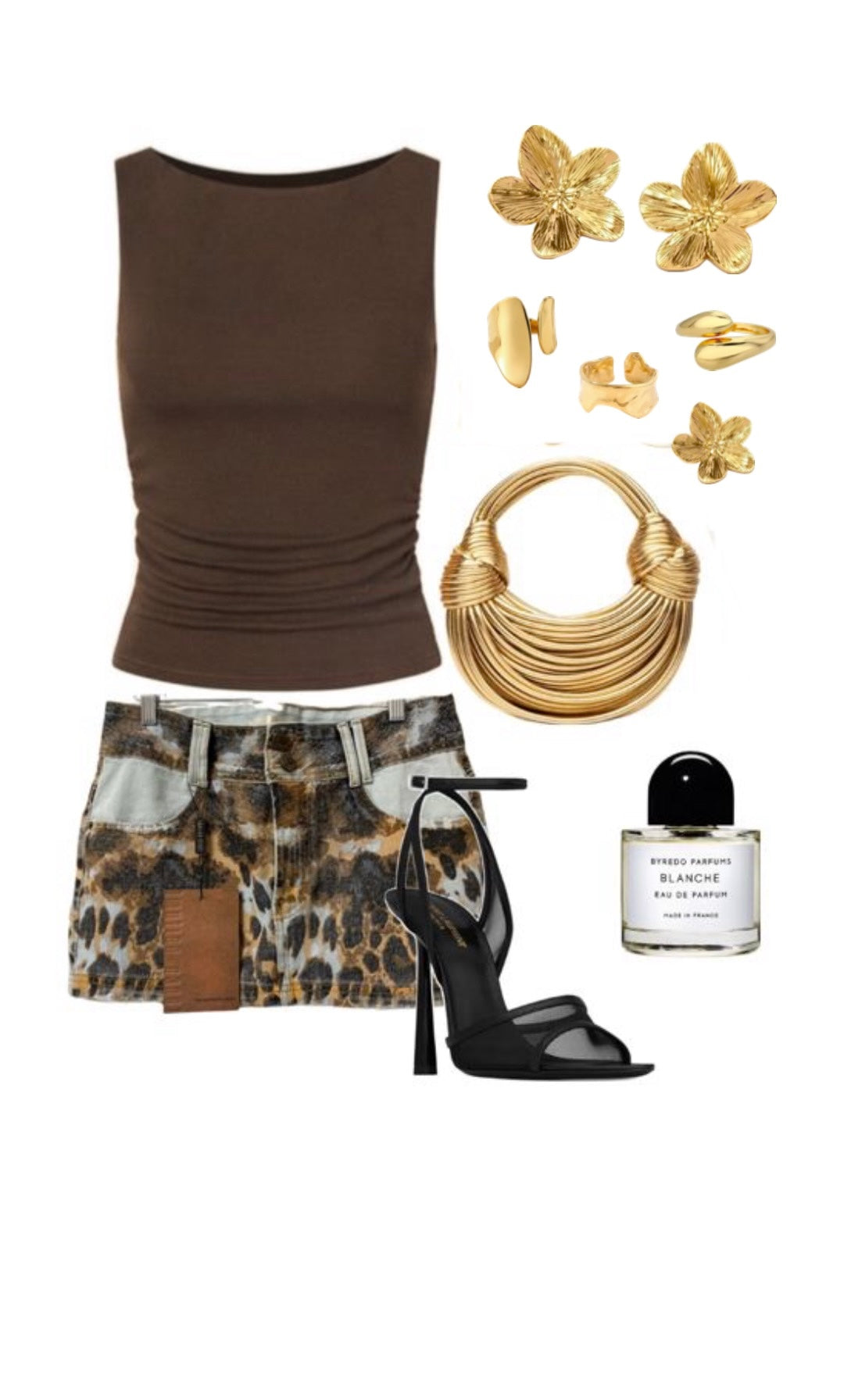 Chic outfit styled around the adjustable gold ring by ÈRE, showcasing a brown crop top and accessories that enhance the ring's elegance.