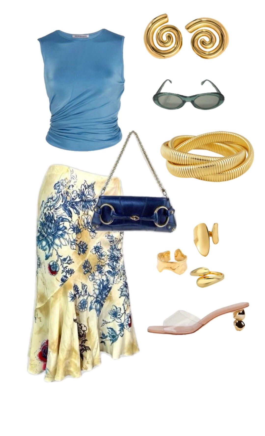 Fashionable outfit layout featuring ÈRE Iris Earrings along with beachwear, highlighting the versatility of these gold statement earrings.