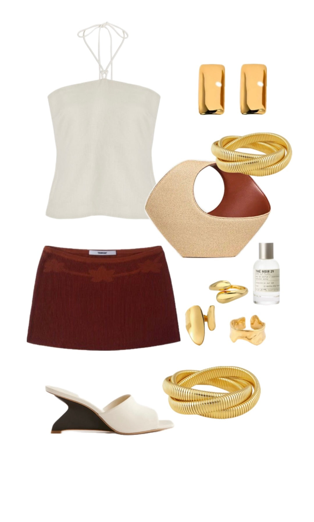 Chic flat lay of trendy apparel and Harper Earrings from ÈRE, underlining their versatility as gold statement earrings.