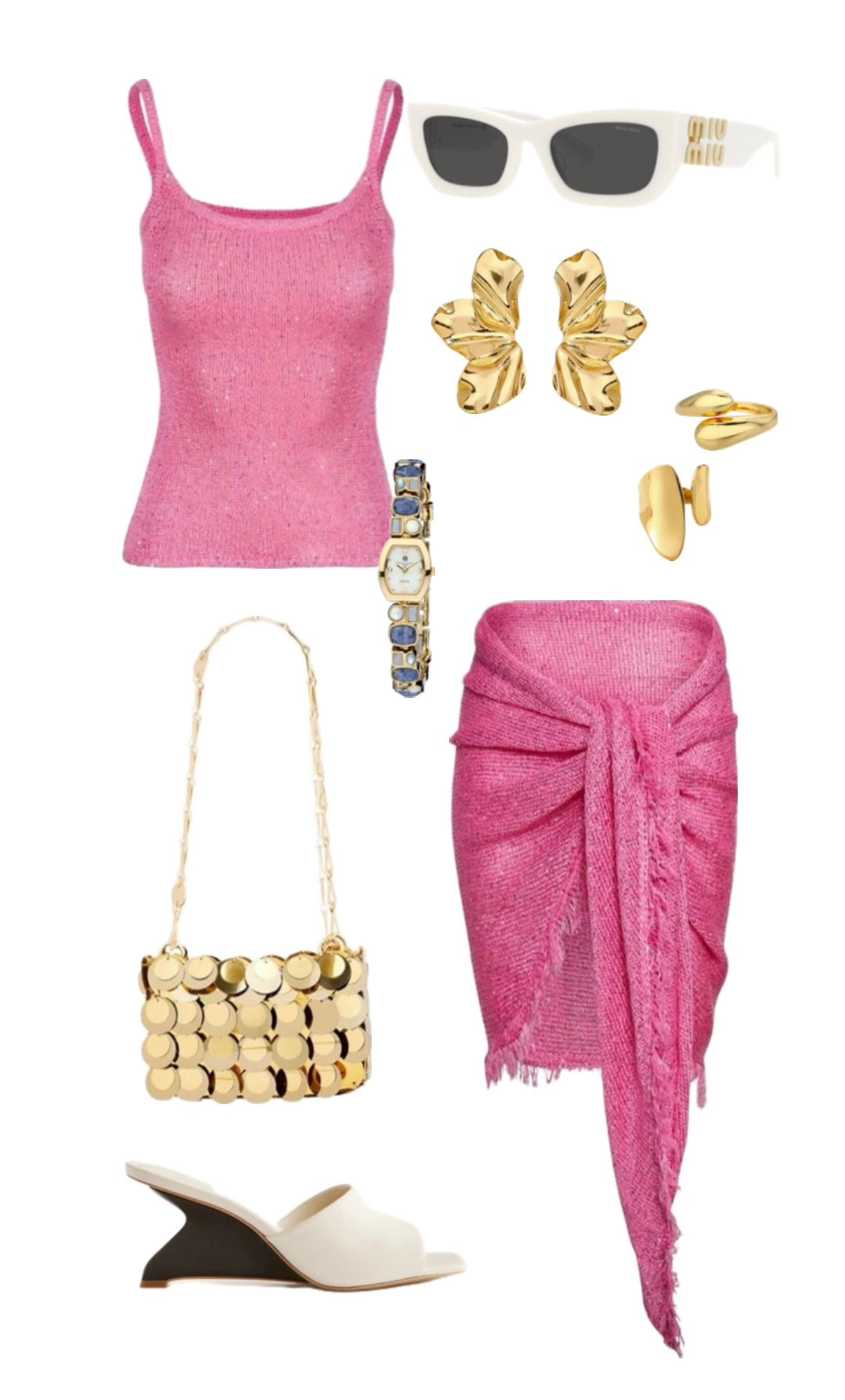 Fashion ensemble featuring Faye Earrings by ÈRE, floral statement earrings paired with trendy clothing and accessories.