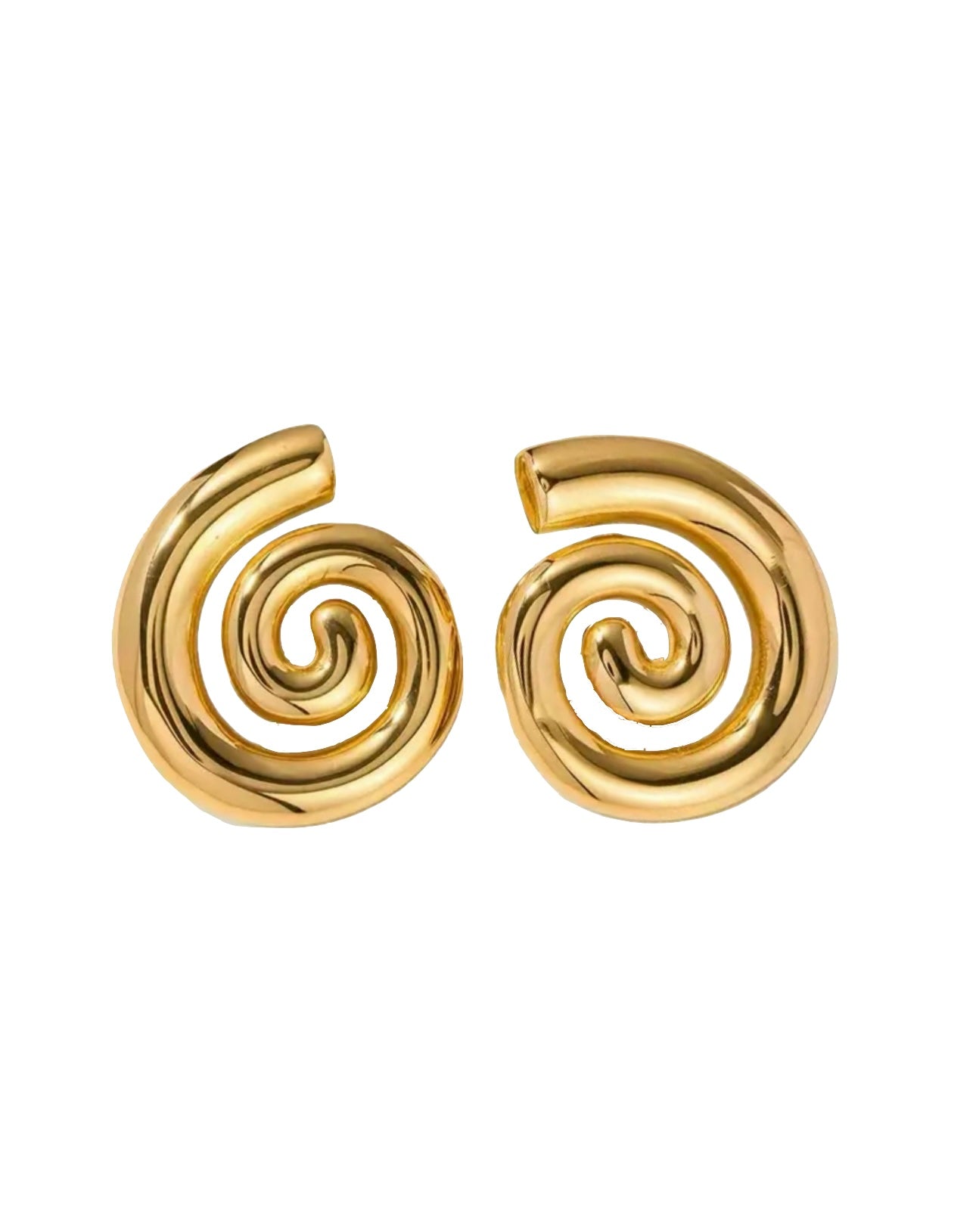 Bold spiral design of ÈRE Iris Earrings, showcasing 18k gold plating. Perfect gold statement earrings for a stylish look.